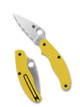 Spyderco UKPK Leaf Salt folding knife with thumb hole - shown open presentation side and closed pocket clip side.  Satin MagnaCut stainless steel serrated edge blade. Yellow FRN handle.  Model C94SYL.