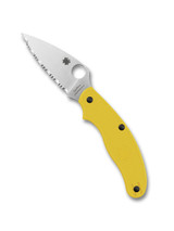 Spyderco UKPK Leaf  Salt folding knife with thumb hole - shown open presentation side.  Satin MagnaCut stainless steel serrated edge blade. Yellow FRN handle.  Model C94SYL.