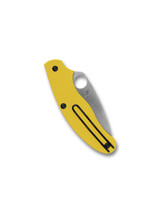 Spyderco UKPK Leaf  Salt folding knife with thumb hole - shown closed pocket clip side.  Satin MagnaCut stainless steel serrated edge blade. Yellow FRN handle.  Model C94SYL.