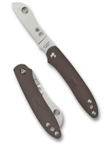 Spyderco Roadie Slipjoint folding knife with Double Dent - shown open obverse and closed reverse.  Satin N690Co stainless steel plain edge blade.  Brown FRN handle.  Model C189PBN.

