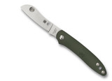 Spyderco Roadie Slipjoint folding knife with Double Dent - shown open obverse.  Satin N690Co stainless steel plain edge blade.  Green FRN handle.  Model C189PGR.
For reference only.