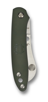 Spyderco Roadie Slipjoint folding knife with Double Dent - shown closed reverse.  Satin N690Co stainless steel plain edge blade.  Green FRN handle.  Model C189PGR.
For reference only.