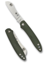 Spyderco Roadie Slipjoint folding knife with Double Dent - shown open obverse and closed reverse.  Satin N690Co stainless steel plain edge blade.  Green FRN handle.  Model C189PGR.
For reference only.