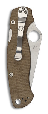 Spyderco Paramilitary 2 folding knife with thumb hole - shown closed pocket clip side.  Cru-Wear steel plain edge blade.  Brown Micarta handle.  Model C81MPCW2.