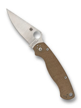 Spyderco Paramilitary 2 folding knife with thumb hole - shown open presentation side.  Cru-Wear steel plain edge blade.  Brown Micarta handle.  Model C81MPCW2.