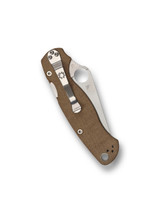 Spyderco Paramilitary 2 folding knife with thumb hole - shown closed pocket clip side.  Cru-Wear steel plain edge blade.  Brown Micarta handle.  Model C81MPCW2.