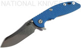 Rick Hinderer Knives XM-18 3.0" Skinner folding knife with thumb studs and flipper tab - shown open presentation side.  Stonewashed 20CV stainless steel plain edge blade.  Blue G-10 handle with stonewashed blue lock side.  Model K1041SGS00.