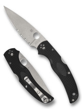 Spyderco Native Chief folding knife with thumb hole - shown open presentation side and closed pocket clip side.  Satin CTS-BD1N stainless steel combo edge blade.  Black FRN handle.  Model C244PSBK.