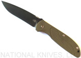 Rick Hinderer Knives Firetac Recurve Folding Knife, Battle Black 3.5625" Plain Edge 20CV Blade, Battle Black Lockside, OD Green G-10 Handle - Tri-Way Pivot