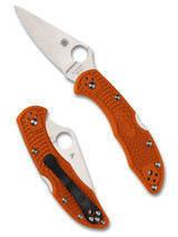 Spyderco Delica 4 folding knife with thumb hole - shown open presentation side and closed pocket clip side.  Satin VG-10 stainless steel plain edge blade.  Orange FRN handle.  Model C11FPOR.
 Spyderco Delica 4 folding knife with thumb hole - shown open presentation side and closed pocket clip side.  Satin VG-10 stainless steel plain edge blade.  Orange FRN handle.  Model C11FPOR.