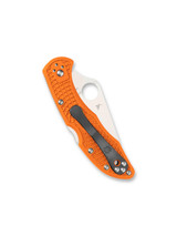 Spyderco Delica 4 folding knife with thumb hole - shown closed pocket clip side.  Satin VG-10 stainless steel plain edge blade.  Orange FRN handle.  Model C11FPOR.