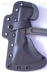 RMJ Tactical L13 Loggerhead tomahawk - close up of obverse head in sheath shown.  Tungsten Cerakote 80CRV2 steel plain edge head.  Green handle.