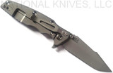 Rick Hinderer Knives Eklipse Harpoon Spanto folding knife with thumb stud and flipper tab - shown open lock side.  Working Finish 20CV stainless steel plain edge blade.  Blue - black G-10 handle with Working Finish lock side.  Model K40442SGW00.