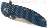 Rick Hinderer Knives Skinny XM-18 3.5" Harpoon Spanto folding knife with thumb stud and flipper tab - shown closed presentation side.  Stonewash 20CV stainless steel plain edge blade.  Blue - black G-10 handle with stonewash lock side.  Model K2555SGS00.