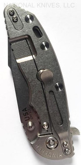 Rick Hinderer Knives Skinny XM-18 3.5" Harpoon Spanto folding knife with thumb stud and flipper tab - shown closed lock side.  Stonewash 20CV stainless steel plain edge blade.  OD green G-10 handle with stonewash lock side.  Model K2555SGS00.