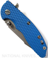 Rick Hinderer Knives Skinny XM-18 3.5" Harpoon Spanto folding knife with thumb stud and flipper tab - shown closed presentation side.  Working Finish 20CV stainless steel plain edge blade.  Blue G-10 handle with Working Finish lock side.  Model K2555SGW00.