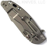 Rick Hinderer Knives Skinny XM-18 3.5" Harpoon Spanto folding knife with thumb stud and flipper tab - shown closed lock side.  Working Finish 20CV stainless steel plain edge blade.  Blue G-10 handle with Working Finish lock side.  Model K2555SGW00.