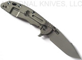 Rick Hinderer Knives Skinny XM-18 3.5" Harpoon Spanto folding knife with thumb stud and flipper tab - shown open lock side.  Working Finish 20CV stainless steel plain edge blade.  OD green G-10 handle with Working Finish lock side.  Model K2555SGW00.