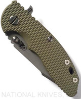Rick Hinderer Knives Skinny XM-18 3.5" Harpoon Spanto folding knife with thumb stud and flipper tab - shown closed presentation side.  Working Finish 20CV stainless steel plain edge blade.  OD green G-10 handle with Working Finish lock side.  Model K2555SGW00.