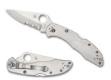 Spyderco Delica 4 folding knife with thumb hole - shown open presentation side and closed pocket clip side.  Satin VG-10 stainless steel combo edge blade.  Stainless steel handle.  Model C11PS.

