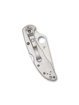 Spyderco Delica 4 folding knife with thumb hole - shown closed pocket clip side.  Satin VG-10 stainless steel combo edge blade.  Stainless steel handle.  Model C11PS.