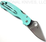 Spyderco Para 3 MGE Exclusive folding knife with thumb hole - shown open pocket clip side.  Satin S90V stainless steel plain edge blade.  Teal FRN handle.  Model C223PTBL.
For reference only.