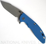 Rick Hinderer Knives XM-18 SKINNY Harpoon Spanto Folding Knife, Working Finish 3.5" Plain Edge 20CV Blade, Battle Blue Lock Side, Blue G-10 Handle - Tri-Way Pivot