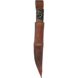 Condor Tool and Knife Indigenous Puukko fixed blade knife - shown in sheath obverse.  1095 steel plain edge blade.  Wood handle.  Model CTK2811-3.9HC.
