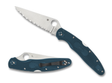 Spyderco Police 4 folding knife with thumb hole - shown both open presentation side and closed pocket clip side.  Satin K390 steel serrated edge blade.  Blue FRN handle.  Model C07FS4K390.
For reference only.