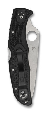 Spyderco Endura 4 Thin Blue Line folding knife with thumb hole - shown closed pocket clip side.  Satin VG-10 stainless steel combo edge blade.  Black FRN handle.  Model C10FPSBKBL.
For reference only.