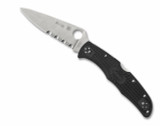 Spyderco Endura 4 Thin Red Line folding knife with thumb hole - shown open presentation side.  Satin VG-10 stainless steel combo edge blade.  Black FRN handle.  Model C10FPSBKRD.
For reference only.