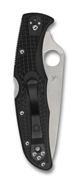 Spyderco Endura 4 Thin Red Line folding knife with thumb hole - shown closed pocket clip side.  Satin VG-10 stainless steel combo edge blade.  Black FRN handle.  Model C10FPSBKRD.
For reference only.