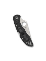 Spyderco Delica 4 Thin Blue Line folding knife with thumb hole - shown closed pocket clip side.  Satin VG-10 stainless steel combo edge blade.  Black FRN handle.  Model C11FPSBKBL.
For reference only.