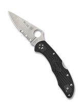 Spyderco Delica 4 Thin Red Line folding knife with thumb hole - shown open presentation side.  Satin VG-10 stainless steel combo edge blade.  Black FRN handle.  Model C11FPSBKRD.
For reference only.