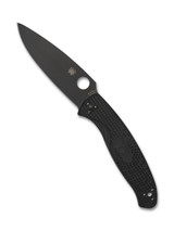 Spyderco Resilience folding knife with thumb hole - shown open presentation side.  Black 8Cr13MoV stainless steel plain edge blade.  Black FRN handle.  Model C142PBBK.