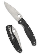 Spyderco Resilience folding knife with thumb hole - shown open presentation side and closed pocket clip side.  Satin 8Cr13MoV stainless steel plain edge blade.  Black FRN handle.  Model C142PBK.
