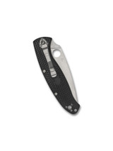 Spyderco Resilience folding knife with thumb hole - shown closed pocket clip side.  Satin 8Cr13MoV stainless steel plain edge blade.  Black FRN handle.  Model C142PBK.