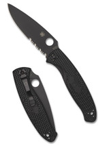 Spyderco Resilience folding knife with thumb hole - shown open presentation side and closed pocket clip side.  Black 8Cr13MoV stainless steel combo edge blade.  Black FRN handle.  Model C142PSBBK.
For reference only.