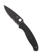 Spyderco Resilience folding knife with thumb hole - shown open presentation side.  Black 8Cr13MoV stainless steel combo edge blade.  Black FRN handle.  Model C142PSBBK.
For reference only.