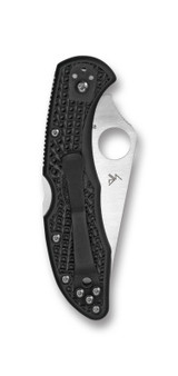 Spyderco Delica 4 folding knife with thumb hole - shown closed pocket clip side.  Satin VG-10 stainless steel serrated edge blade.  Black FRN handle.  Model C11SBK.