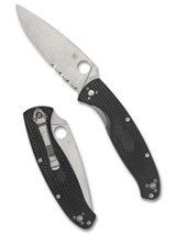 Spyderco Resilience folding knife with thumb hole - shown open presentation side and closed pocket clip side.  Satin 8Cr13MoV stainless steel combo edge blade.  Black FRN handle.  Model C142PSBK.
For reference only.