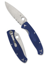 Spyderco Resilience folding knife with thumb hole - shown open presentation side and closed pocket clip side.  Satin S35VN stainless steel combo edge blade.  Blue FRN handle.  Model C142PSBL.