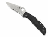 Spyderco Endela Thin Blue Line folding knife with thumb hole - shown open presentation side.  Satin VG-10 stainless steel combo edge blade.  Black FRN handle.  Model C243FPSBKBL.
For reference only.