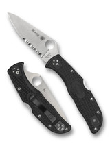 Spyderco Endela Thin Red Line folding knife with thumb hole - shown open presentation side and closed pocket clip side.  Satin VG-10 stainless steel combo edge blade.  Black FRN handle.  Model C243FPSBKRD.
For reference only.