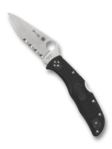 Spyderco Endela Thin Red Line folding knife with thumb hole - shown open presentation side.  Satin VG-10 stainless steel combo edge blade.  Black FRN handle.  Model C243FPSBKRD.
For reference only.