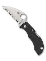 Spyderco Manbug wharncliffe folding knife with thumb hole - shown open obverse.  Satin VG-10 stainless steel serrated edge blade.  Black FRN handle.  Model MBKWS.