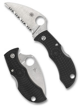 Spyderco Manbug wharncliffe folding knife with thumb hole - shown open obverse and closed reverse.  Satin VG-10 stainless steel serrated edge blade.  Black FRN handle.  Model MBKWS.