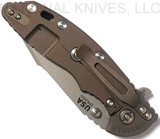 Rick Hinderer Knives Skinny XM-18 3.5" Harpoon Spanto folding knife with thumb stud and flipper tab - shown closed lock side.  Working Finish 20CV stainless steel plain edge blade.  Black G-10 handle with Battle Bronze lock side.  Model K2555SGW00.