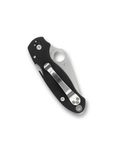 Spyderco Para 3 folding knife with thumb hole - shown closed pocket clip side.  Satin S45VN stainless steel plain edge blade. Black G-10 handle.  Model C223GP.
