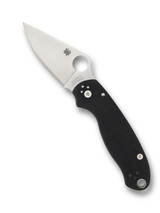 Spyderco Para 3 folding knife with thumb hole - shown open presentation side.  Satin S45VN stainless steel plain edge blade. Black G-10 handle.  Model C223GP.